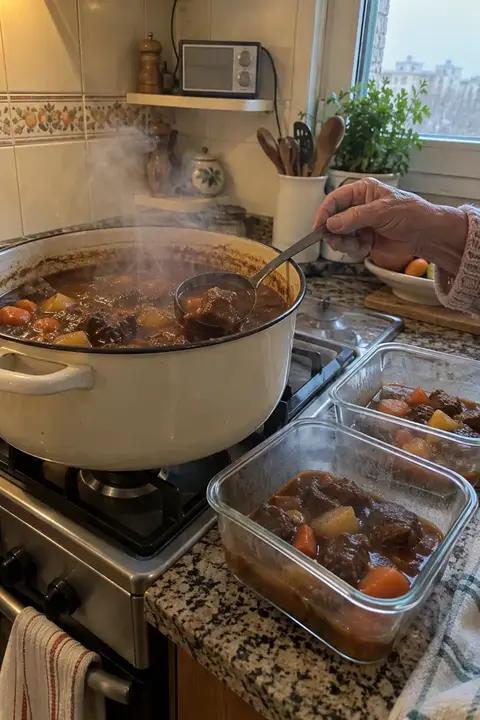 Olla de estofado de ternera con patatas humeando en el fuego y dos tápers de cristal en la encimera para llevar