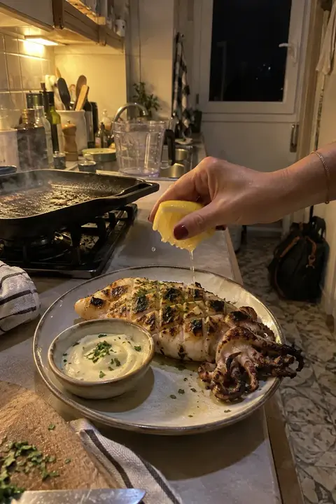 Sepia a la plancha con limón y un cuenco de alioli casero en la encimera de una cocina pequeña de noche