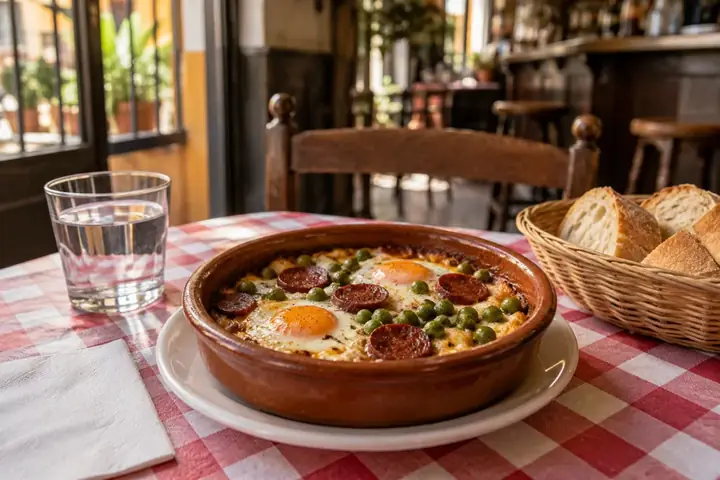 Mesa de bar con mantel de cuadros rojos, una cazuelita de huevos a la flamenca, pan y un vaso de agua