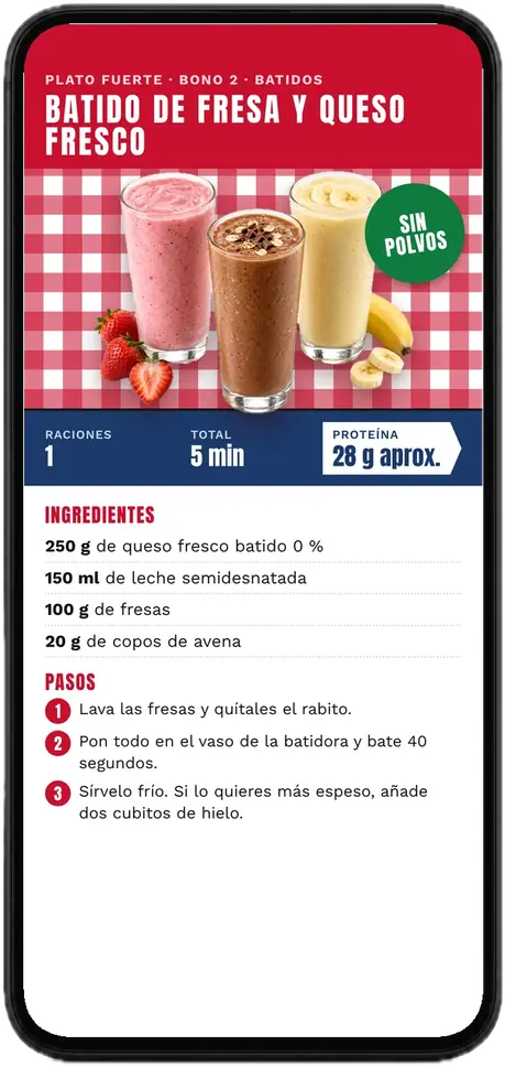 Página de un batido de fresa con queso fresco batido, sin polvos, abierta en un móvil