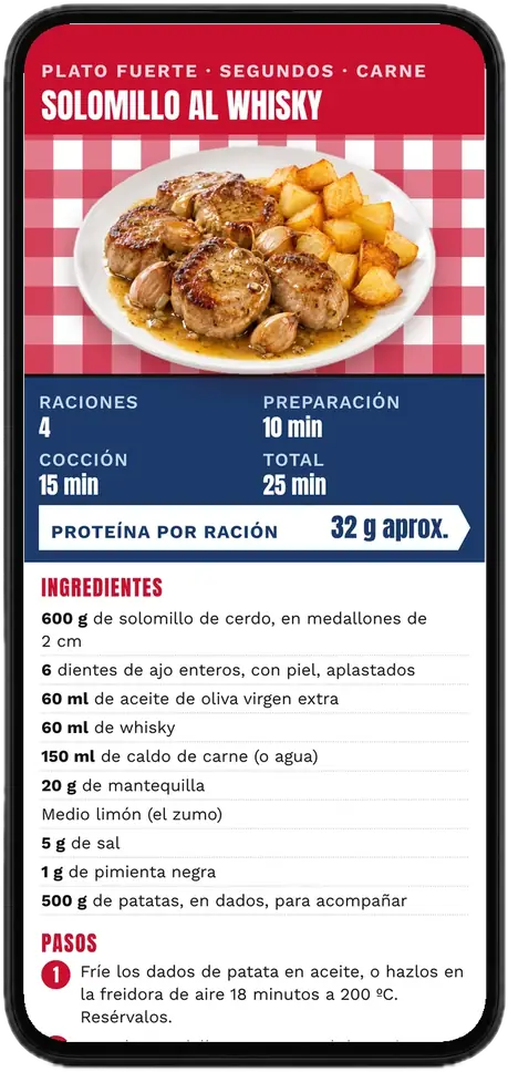 Página de la receta de solomillo al whisky en un móvil, con los gramos de proteína por ración