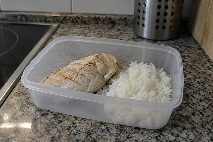 Táper de plástico con una pechuga a la plancha seca y arroz blanco en la encimera
