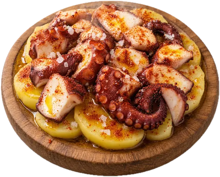 Pulpo a la gallega sobre patata cocida en tabla de madera, con pimentón y aceite