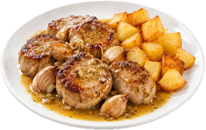 Medallones de solomillo al whisky con ajos enteros y patatas en dados