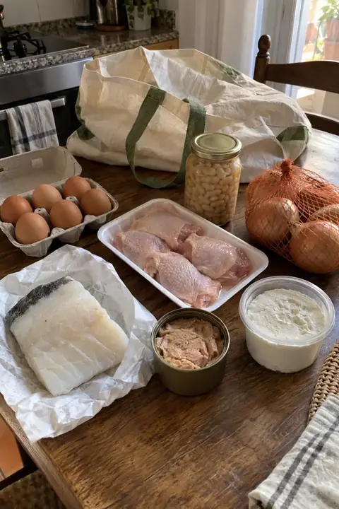 La compra del súper sobre la mesa de la cocina: huevos, contramuslos, legumbres, atún, bacalao y queso fresco